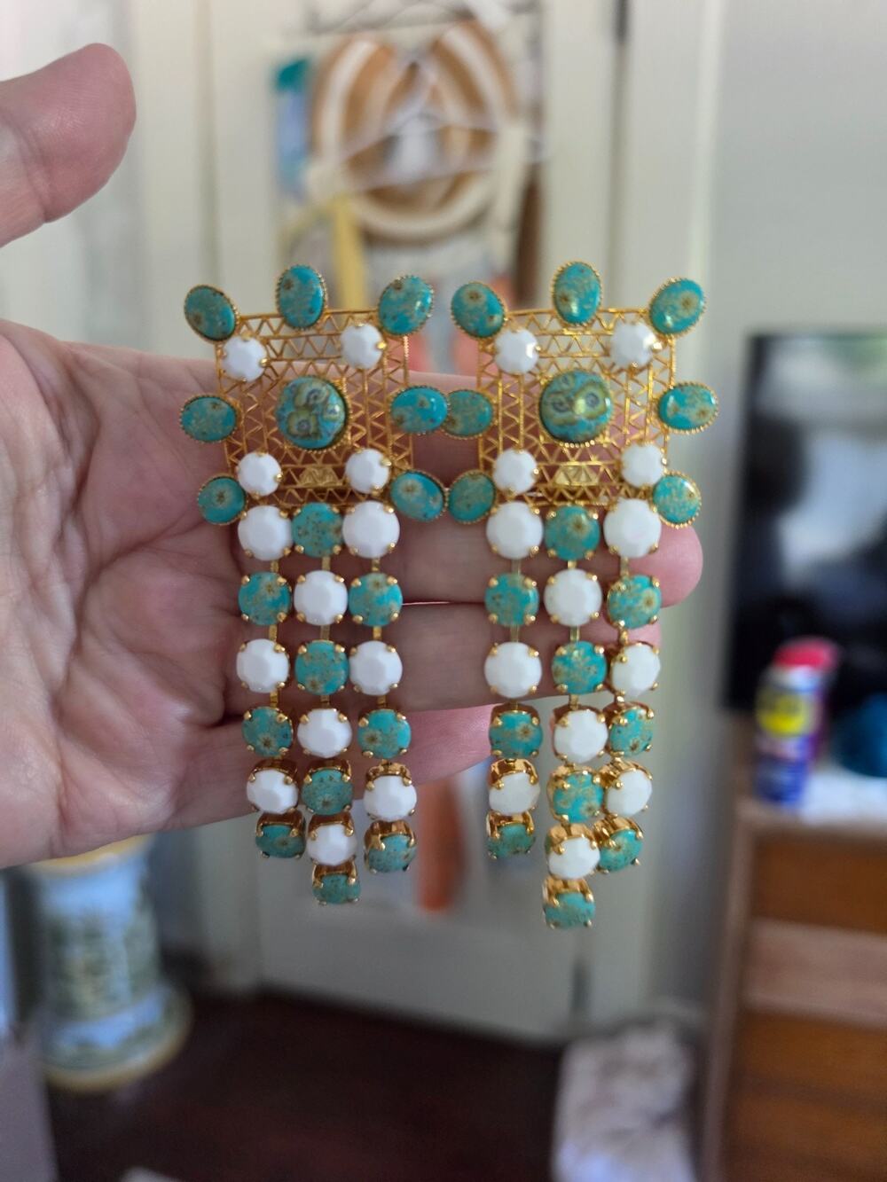 Gianni De Liguoro Vintage 1980s Turquoise Chandelier Statement Earrings Italy